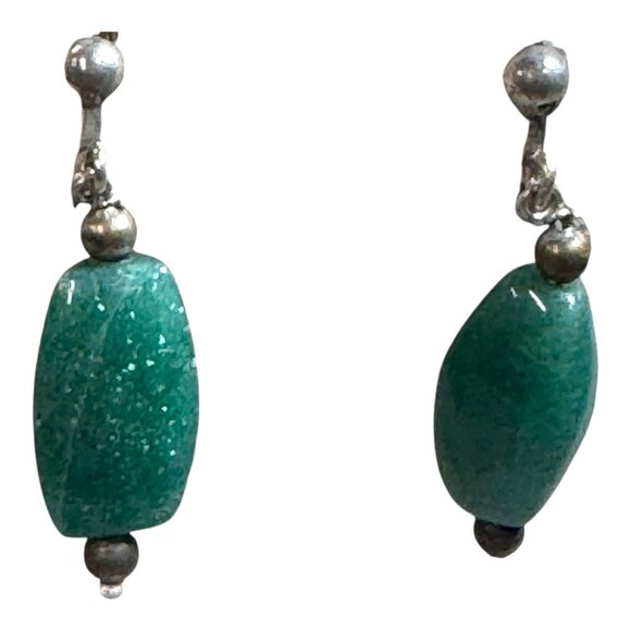Vintage Green Aventurine & Silver Screw Back Earrings Clip On Gemstone Dangle - Picture 2 of 6